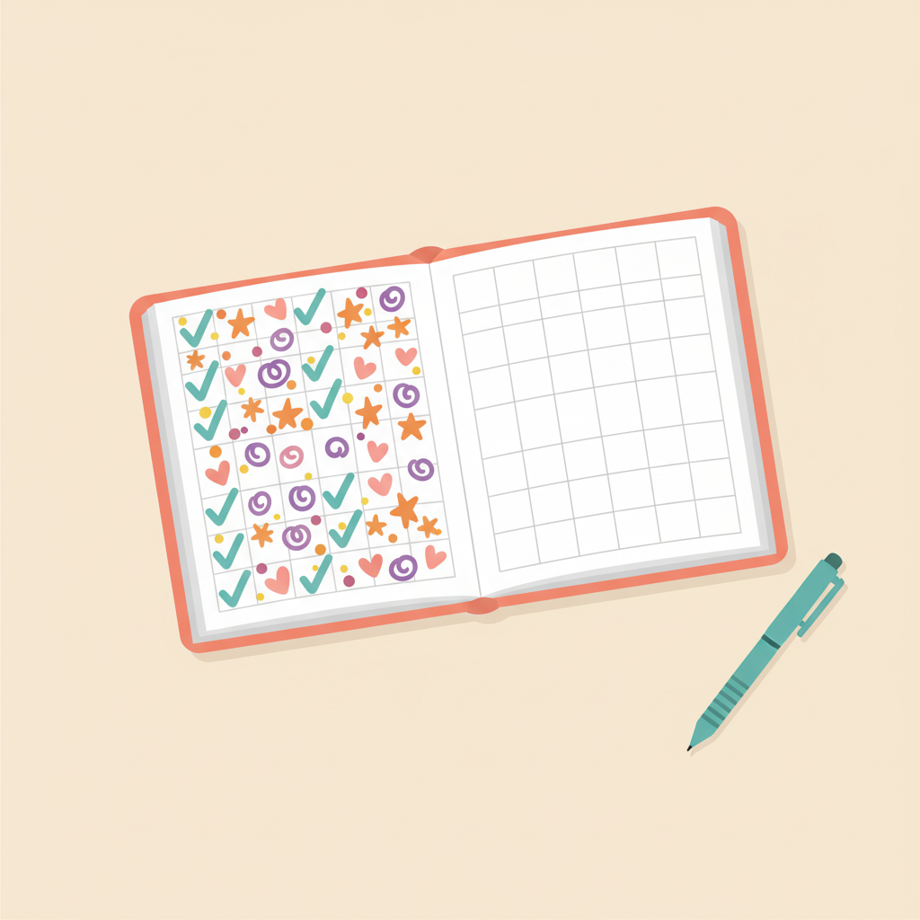 An open habit planner showing one page filled with colorful checkmarks and doodles next to a completely blank page, with an abandoned pen beside it