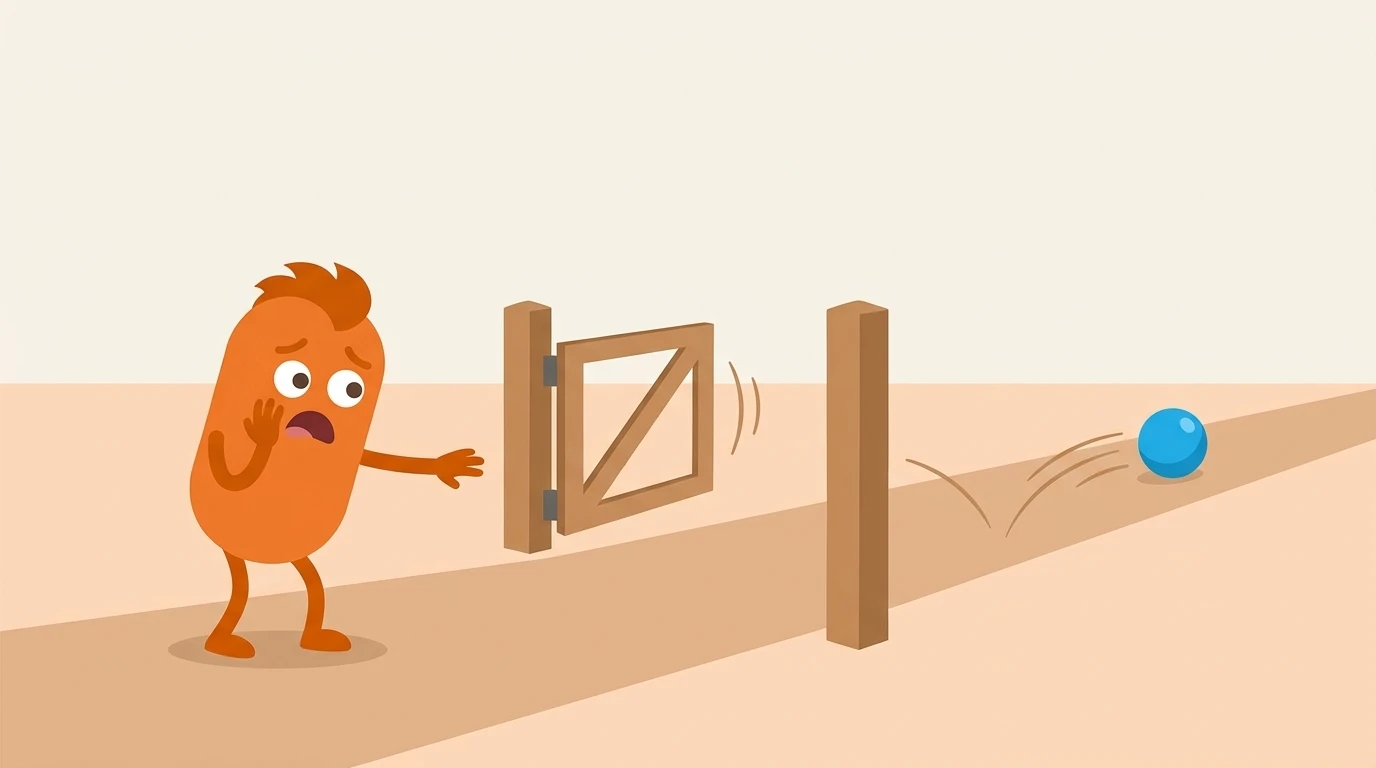 A startled orange buddy reaches toward a wooden gate that is only now swinging shut while a blue ball has already rolled far past it.