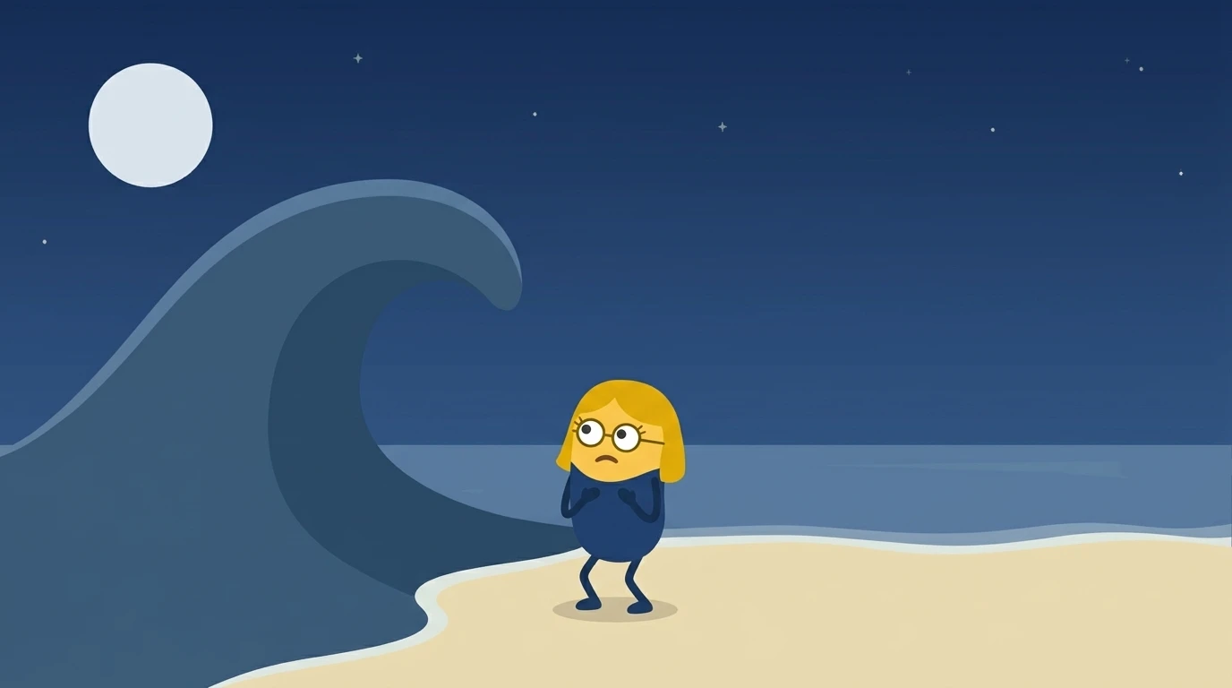 A worried yellow buddy in glasses stands bracing on a moonlit beach while a tall wave rises on its left and calm flat sea stretches away on its right.