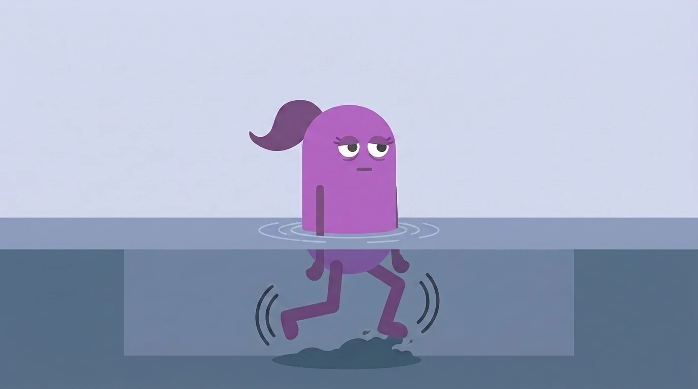 A calm, tired-looking buddy stands above still water while its legs pedal hard below the surface