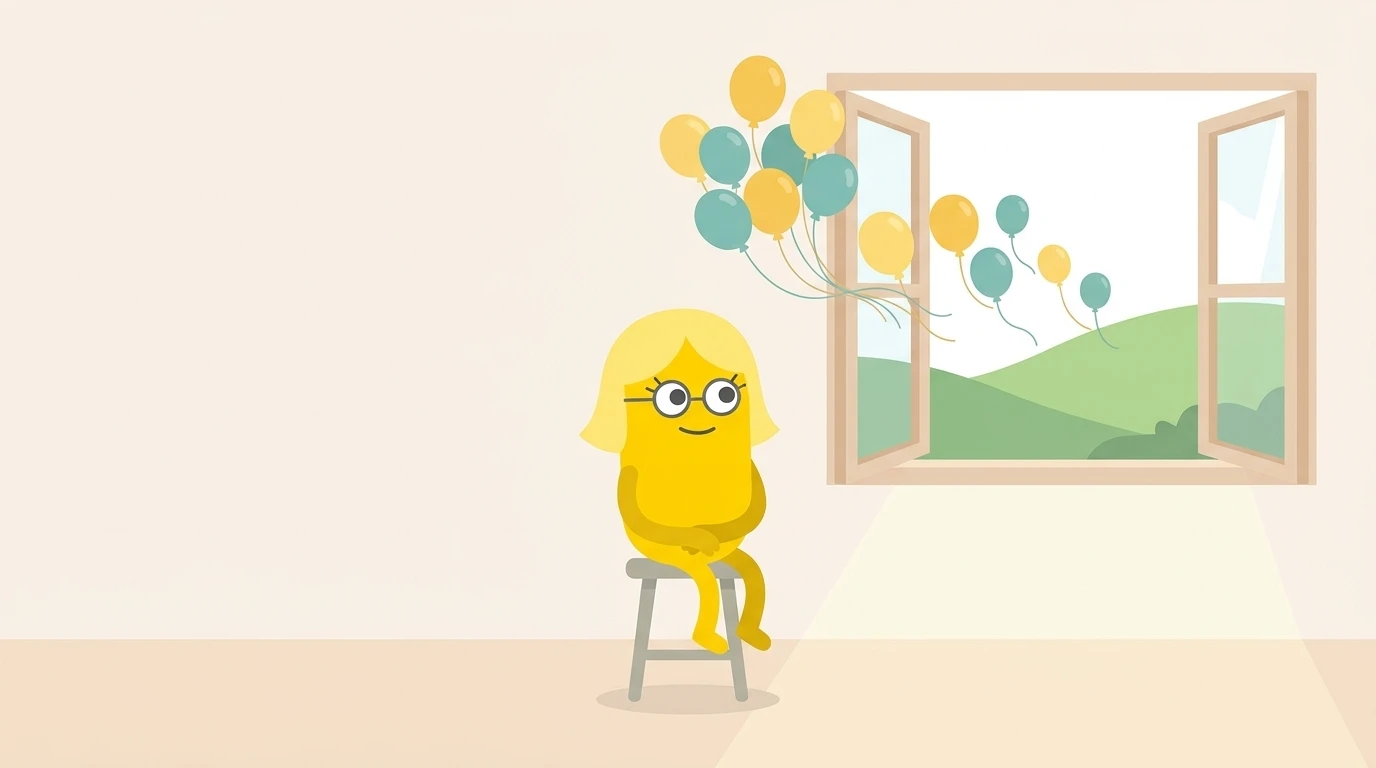 A yellow buddy with glasses sits calmly upright on a stool with hands folded while a cluster of yellow and teal balloons floats out through an open window toward green hills.