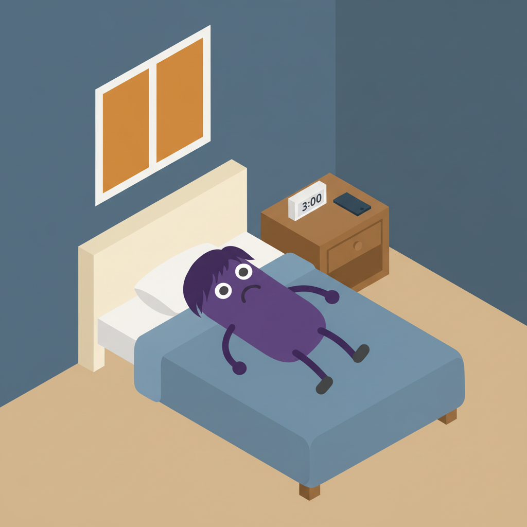 A purple character lies awake in bed at 3am staring at the ceiling, phone placed face-down on the nightstand, with warm light glowing through a window